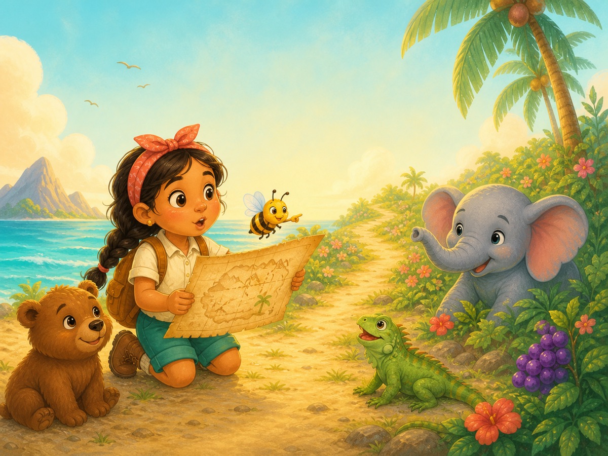Ana abre un mapa junto a una abeja amistosa.
